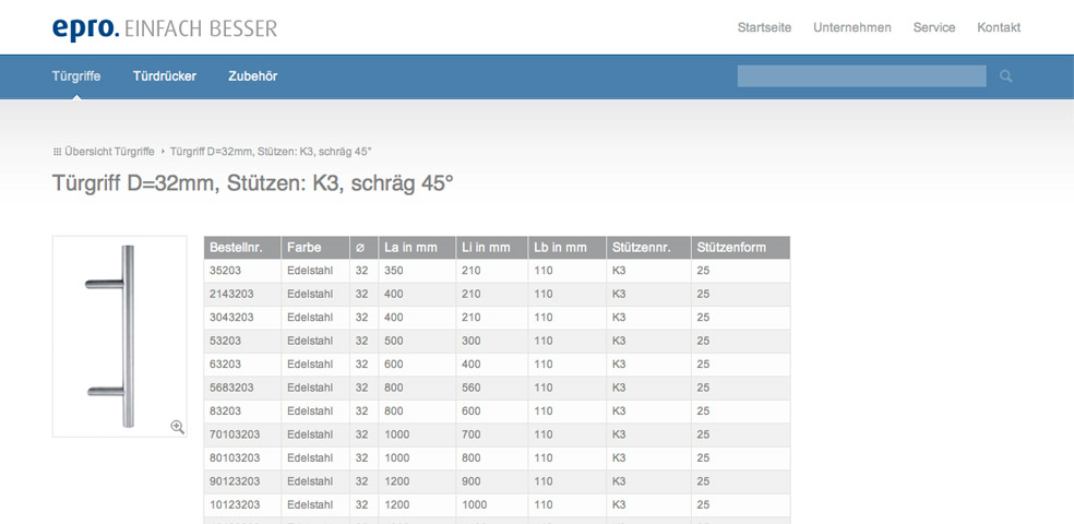 Übersichtsseite Website epro Hardware GmbH