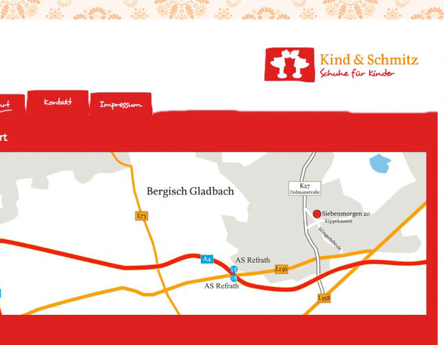 Anfahrtsskizze zum Kinderschuhgeschäft Kind & Schmitz in Bergisch Gladbach