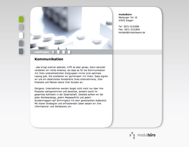 Website modulbüro, Sektion Leistungen 
